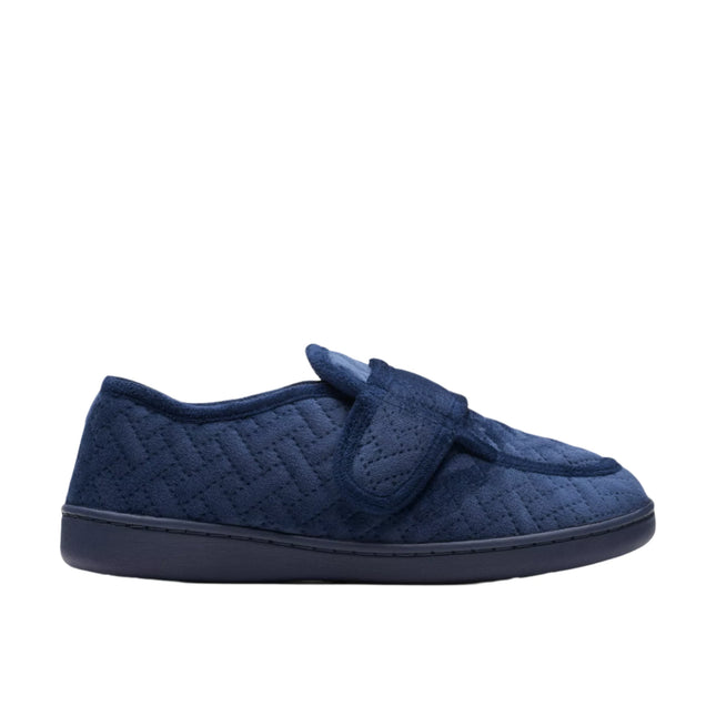 Clarks Women’s Twyla Charm Navy Slippers – Soft Textile Slip-On House Shoes with Adjustable Grip Strap & Rubber Outsole