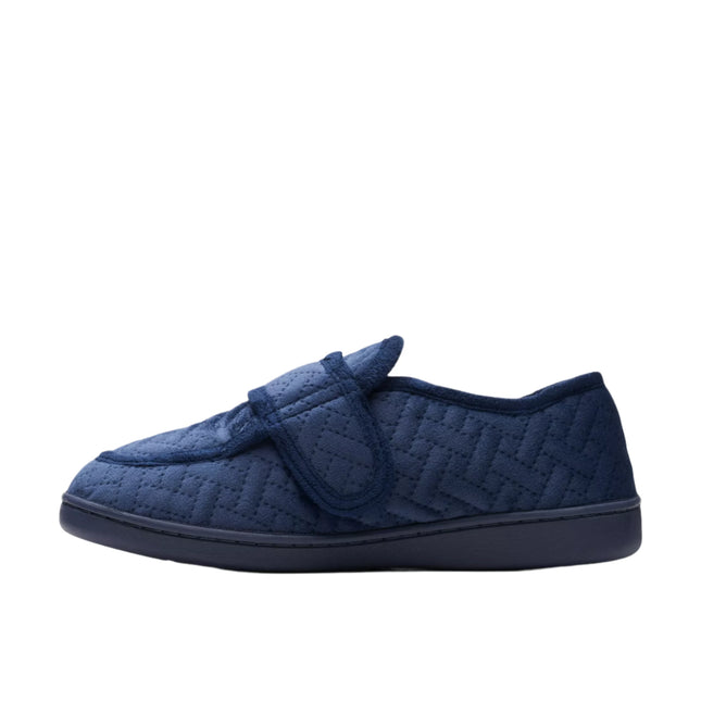 Clarks Women’s Twyla Charm Navy Slippers – Soft Textile Slip-On House Shoes with Adjustable Grip Strap & Rubber Outsole