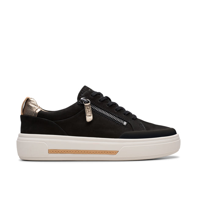 Clarks Women’s Hollyhock Zip Black Leather Trainers – Platform Casual Shoes with Lace-Up & Zip Fastening and Contour Cushion Comfort
