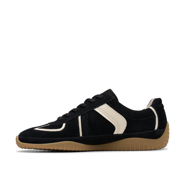 Clarks Women’s Meridor Lo Black Leather Trainers – Low-Profile Casual Shoes with Contour Cushion™ Comfort & Everyday Versatility