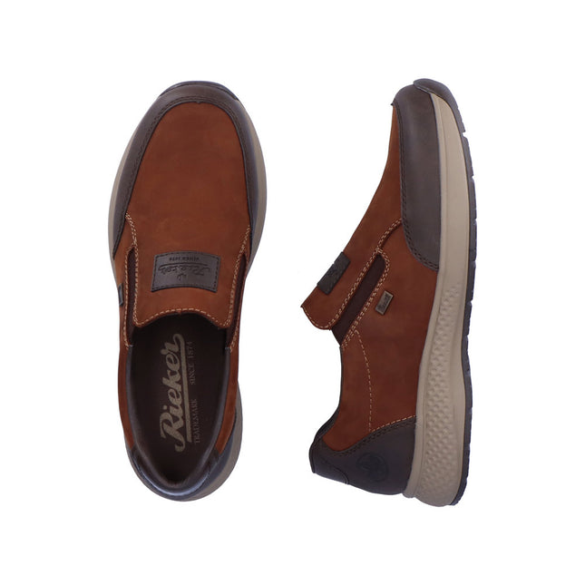 Rieker B7654-22 Men’s Brown Leather Slip-On Shoes – Water-Resistant Casual Shoes with Cushioned Antistress Sole & Easy On/Off Design