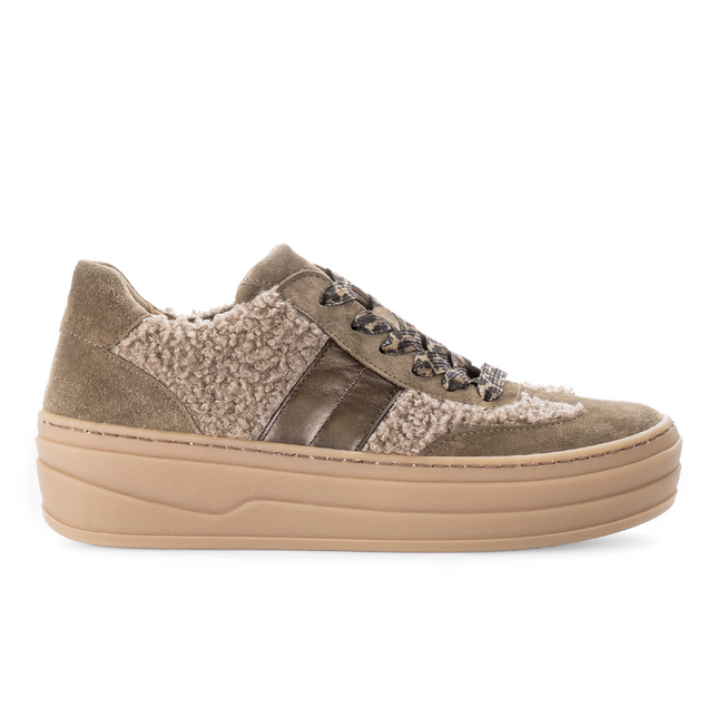 Gabor Women’s 73.350.14 Steam Brown Flatform Trainer – Suede & Teddy Fleece Lace-Up Sneaker