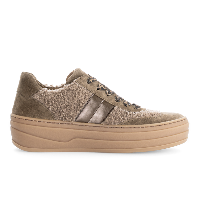 Gabor Women’s 73.350.14 Steam Brown Flatform Trainer – Suede & Teddy Fleece Lace-Up Sneaker